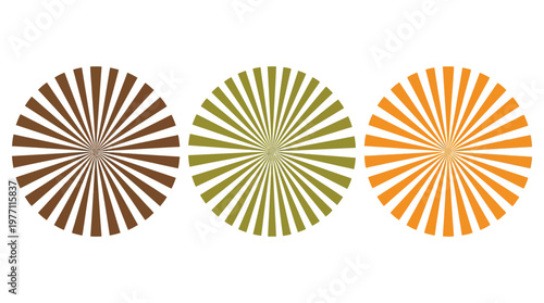 Three circular sunburst icons with alternating triangular rays in brown, green, and orange, symbolizing geometric variation and visual design.