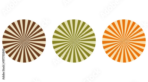 Three circular sunburst icons with alternating triangular rays in brown, green, and orange, symbolizing geometric variation and visual design.
