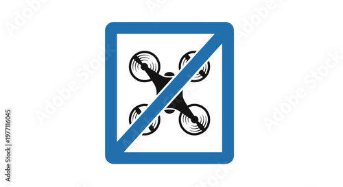 A blue square sign with a diagonal red line crossing over a drone silhouette, indicating no-fly zone for drones.