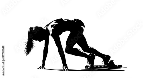 Silhouette of a female athlete in a sprinter's starting block, poised for a race.