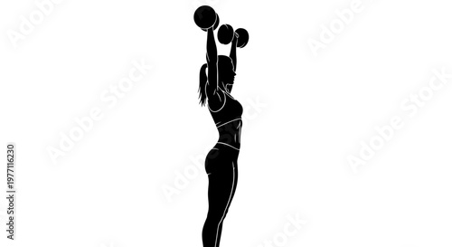 Silhouette of a fit woman performing an overhead dumbbell press exercise, standing sideways.