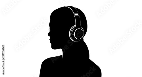 Silhouette of a woman wearing modern headphones, listening to music with her profile visible against a white background.