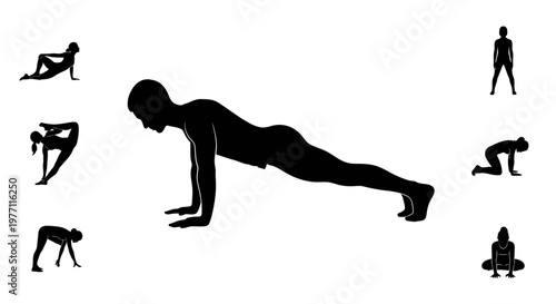 Silhouette illustrations of various yoga poses and exercises, with a central plank pose.