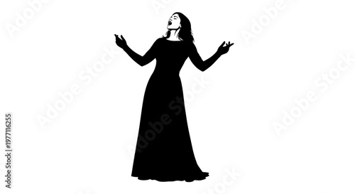 A dramatic black and white silhouette of a woman singing in a long dress, with arms outstretched and head tilted back.