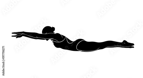 Silhouette of a female swimmer performing the butterfly stroke with arms extended forward and body streamlined in the water.