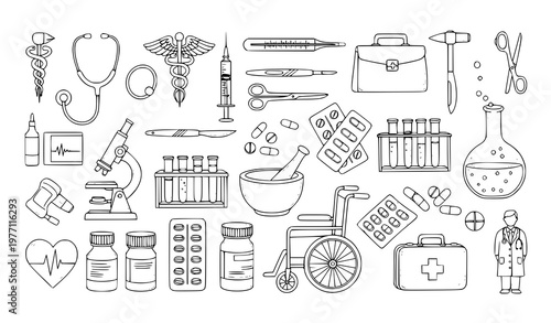 Hand drawn healthcare doodle vector set with medical tools medicines doctor and laboratory equipment illustration