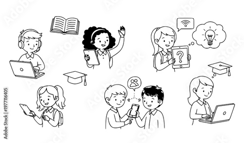 School kids online education doodle vector characters with devices and remote learning technology set
