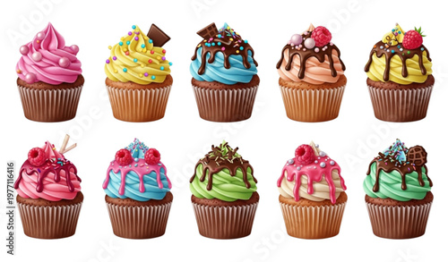 Assorted realistic cupcakes with buttercream frosting 3D dessert vector illustration collection