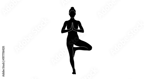 Silhouette of a woman performing the Vrksasana yoga pose, also known as the Tree Pose, with her hands pressed together at her chest in prayer position.