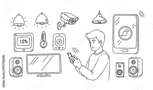 Smart home control vector doodle illustration with man using smartphone and connected devices