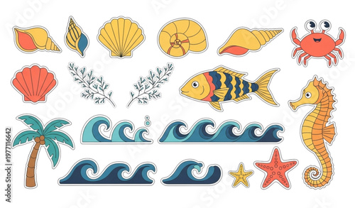 Cute marine doodle elements vector set tropical ocean animals and beach symbols illustration