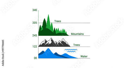 Abstract graphical representation of mountains trees and water with layered elements