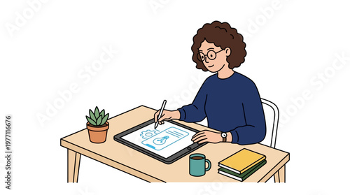 Woman uses digital tablet with stylus at desk with books and coffee