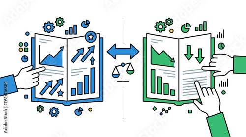 Business data comparison with rising and falling graphs and charts
