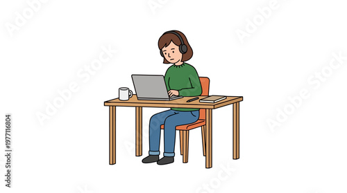 Woman working on laptop with headphones on, sitting at a desk