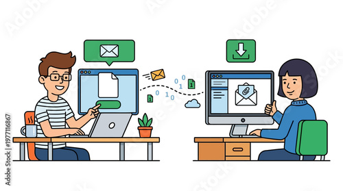 Two cartoon colleagues share files and communicate via email online