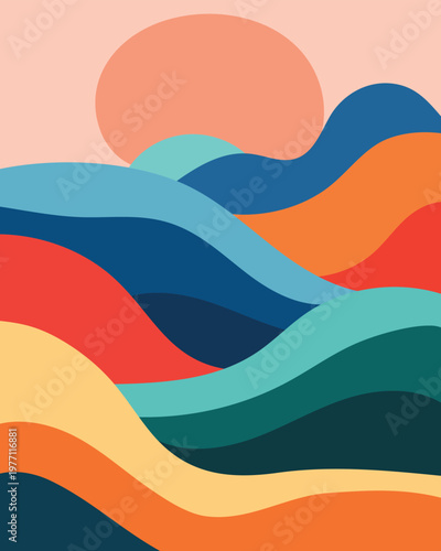 Abstract rolling hills landscape with sun, vibrant colorful wavy layers, modern minimalist vector illustration for background