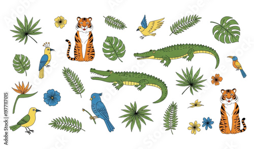 Exotic jungle sticker pack tropical animals plants and retro cartoon botanical elements vector set