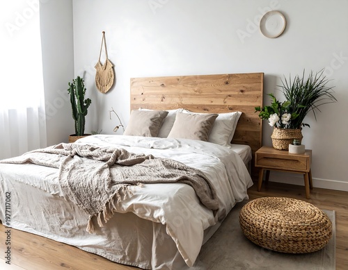 Bohemian Bedroom Oasis with Natural Wood Headboard and Woven Accents.