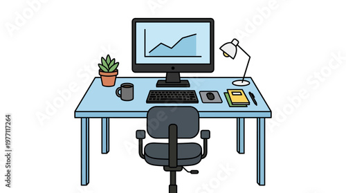 Modern office workspace with computer and office supplies on a blue desk