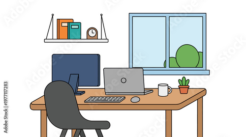 Modern home office setup with laptop computer and monitor on a wooden desk