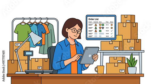 Woman manages online store orders with digital tablet and inventory