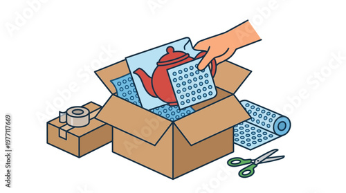 Person packing a red teapot with bubble wrap in a cardboard box carefully