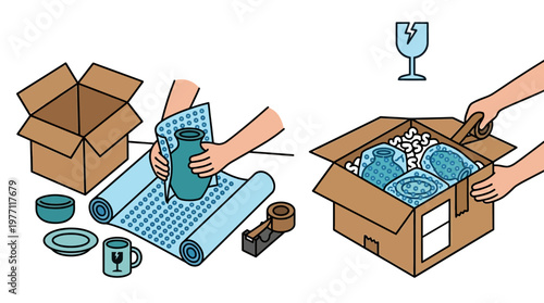 Person carefully packing fragile items into a box with bubble wrap and paper