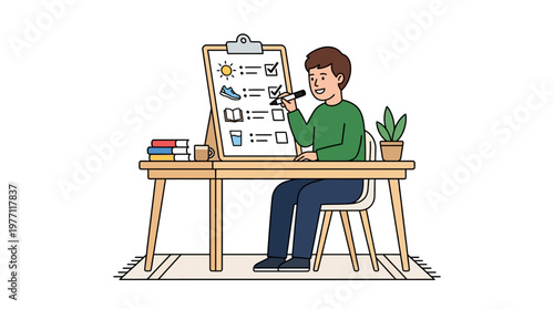 Man sitting at desk marking checklist on clipboard with pen