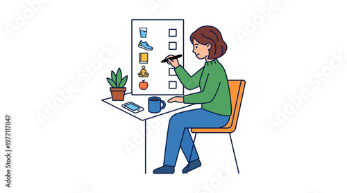 Woman sitting at a desk marking a checklist with a pen and surrounded by office items daily.