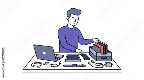 Man in purple shirt organizes paperwork at a cluttered desk with technology