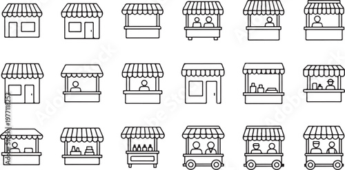 Various outdoor market stall and kiosk icons representing vendors goods and retail display booths.