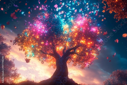 Glowing multicolored tree with leaves that defy gravity in a night landscape bathed in vibrant light