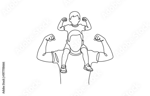 Child sitting on father's shoulders flexing biceps illustration with line art shoulders illustration together childhood connection minimalist lifestyle relationship fatherhood parenthood