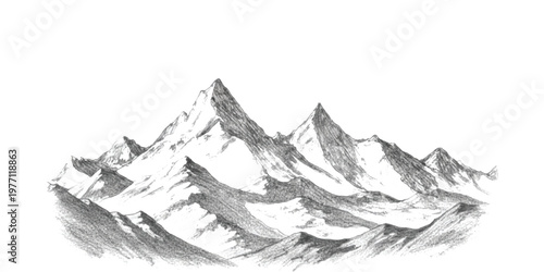 A detailed black and white pencil sketch illustration of a majestic mountain range landscape