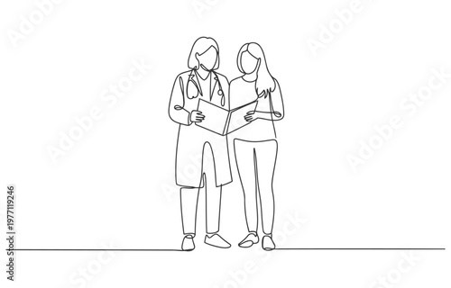 Doctor and patient discussing medical results in a simple line drawing with line art medical staff patient care family doctor general practitioner white background record consultation