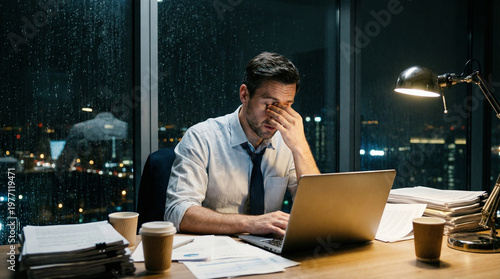 Businessman using a laptop while working late in his office