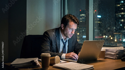 Businessman using a laptop while working late in his office