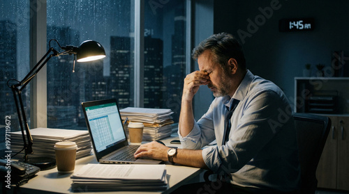 Businessman using a laptop while working late in his office