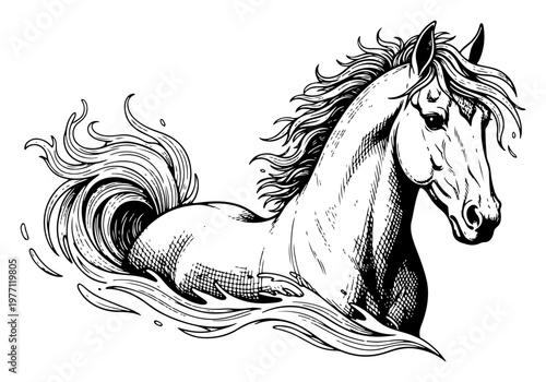 Dynamic illustration of a majestic horse leaping through ocean waves in classic engraving style