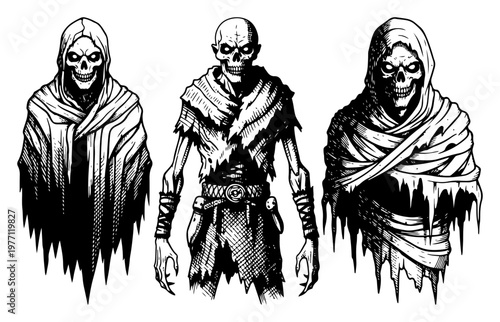 Collection of spooky grim reapers and hooded skeleton ghosts in vintage woodcut engraving style