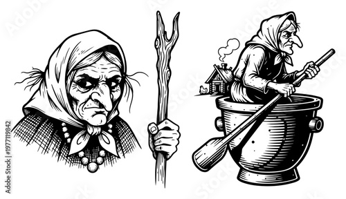 Character set of the Slavic witch Baba Yaga with mortar and pestle in classic woodcut engraving style