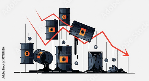 Oil barrels with falling stock market graph illustration.
