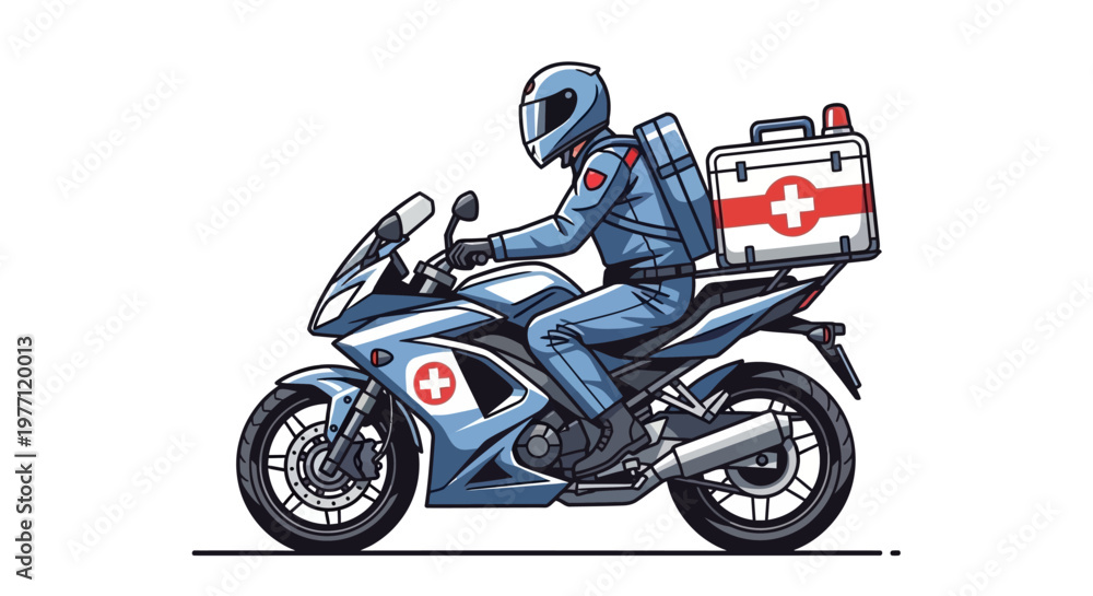 Obraz premium Emergency Medical Services, Paramedic on Motorcycle, Blue Uniform, First Aid Kit, Vector Illustration