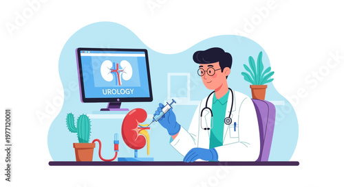 Medical, doctor, kidney, illustration, healthcare, anatomy, vector graphics, 1 icon, blue background, white coat, stethoscope, computer screen, medical professional, human organ, red kidney