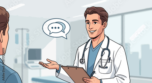 Doctor, physician, medical professional, cartoon illustration, healthcare, conversation, clinic, hospital, vector graphic