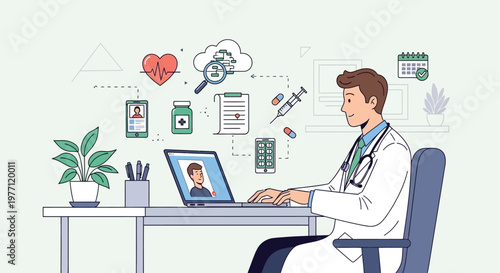 Doctor, telemedicine, online consultation, medical professional, healthcare worker, sitting at desk with laptop, virtual patient checkup, remote healthcare services, medical office