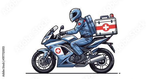 Emergency Medical Services, Paramedic on Motorcycle, Blue Uniform, First Aid Kit, Vector Illustration