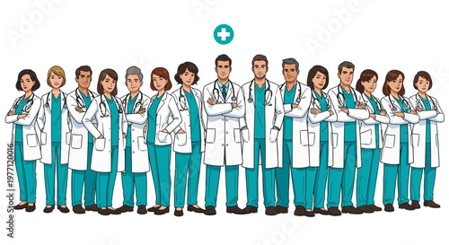Medical professionals, doctors, and nurses, diverse team, healthcare workers, vector illustration