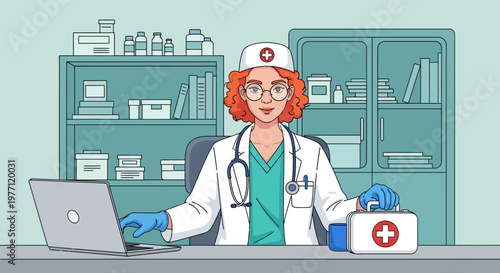 Female doctor, medical professional, healthcare worker, cartoon vector illustration, white coat, red hair, computer, first aid kit